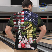 Load image into Gallery viewer, Man Wearing Smoke American Alligator Bowling Quarter Zip Shirt Back View Patriotic Bowling Team Jersey