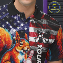 Load image into Gallery viewer, Close Up Of Smoke American Flag Squirrel Bowling Polo Shirt Collar Chest And Button Details
