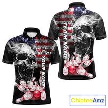 Load image into Gallery viewer, Smoke American Flag Skull Bowling Custom Polo Shirt For Men Patriotic Bowling League Team Jersey