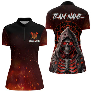 Red And Black Glowing Fire Death Skeleton Dart Shirts For Women Custom Dart Jerseys Polo & 1/4 Zip TDM3712