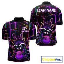 Load image into Gallery viewer, Funny purple neon raccoon bowling quarter zip shirt for men designed for tournaments and league play.
