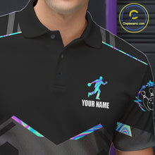 Load image into Gallery viewer, Close-up of a holographic bowling polo shirt collar, buttons, and reflective artwork.