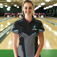 Load image into Gallery viewer, Woman wearing a holographic bowling polo shirt at a bowling alley front view.