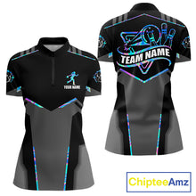 Load image into Gallery viewer, Holographic bowling quarter zip shirt for women built for league play and tournaments.
