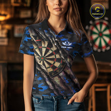 Load image into Gallery viewer, Blue Retro Grunge Camo Darts Shirt For Women Custom Darts Jersey Team Polo &amp; Quarter Zip Uniform TDM5449