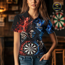 Load image into Gallery viewer, Blue And Red Flaming Grim Reaper Darts Shirts For Women Custom Darts Team Jersey Polo &amp; 1/4 Zip TDM6503