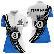 Load image into Gallery viewer, Personalized Black White 8 Ball Pool Crown Women Billiard Shirts, Billiard 8 Ball Team Jerseys |Blue TDM3422
