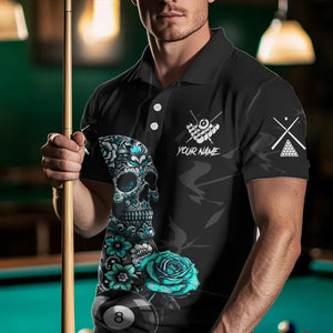 Personalized Funny Turquoise Skull Roses 8 Ball Billiard Shirts For Men Custom Pool Team Shirts TDM3728