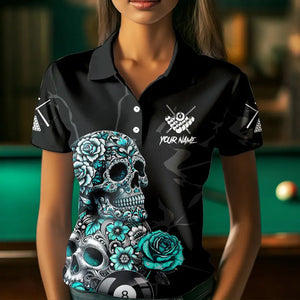Personalized Funny Turquoise Skull Roses 8 Ball Billiard Shirts For Women Custom Pool Team Shirts TDM3728