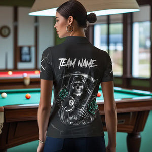 Personalized Funny Turquoise Skull Roses 8 Ball Billiard Shirts For Women Custom Pool Team Shirts TDM3728