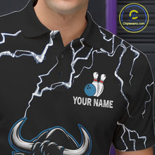 Load image into Gallery viewer, Close-up of a blue bull lightning bowling polo shirt collar, buttons, and bull artwork.
