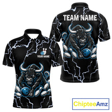 Load image into Gallery viewer, Blue bull lightning bowling polo shirt for men with custom bowling league graphics.