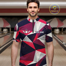 Load image into Gallery viewer, Man wearing a geometric bowling tournament quarter zip jersey during league competition front view.