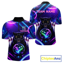 Load image into Gallery viewer, Neon Blue Purple Custom Panther Bowling Shirt For Men, Glowing Bowling Team Jersey Polo &amp; 1/4 Zip TDM6358