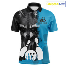 Load image into Gallery viewer, Black and blue raccoon bowling polo shirt for men with custom bowling team league graphics.