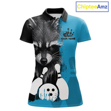 Load image into Gallery viewer, Black and blue raccoon bowling polo shirt for women with custom bowling team league graphics.