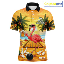Load image into Gallery viewer, Funny flamingo sunset tropical bowling polo shirt for men with custom bowling team graphics.
