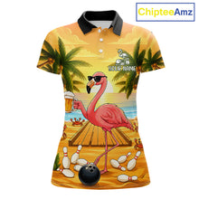 Load image into Gallery viewer, Funny flamingo sunset tropical bowling polo shirt for women with custom bowling team graphics.