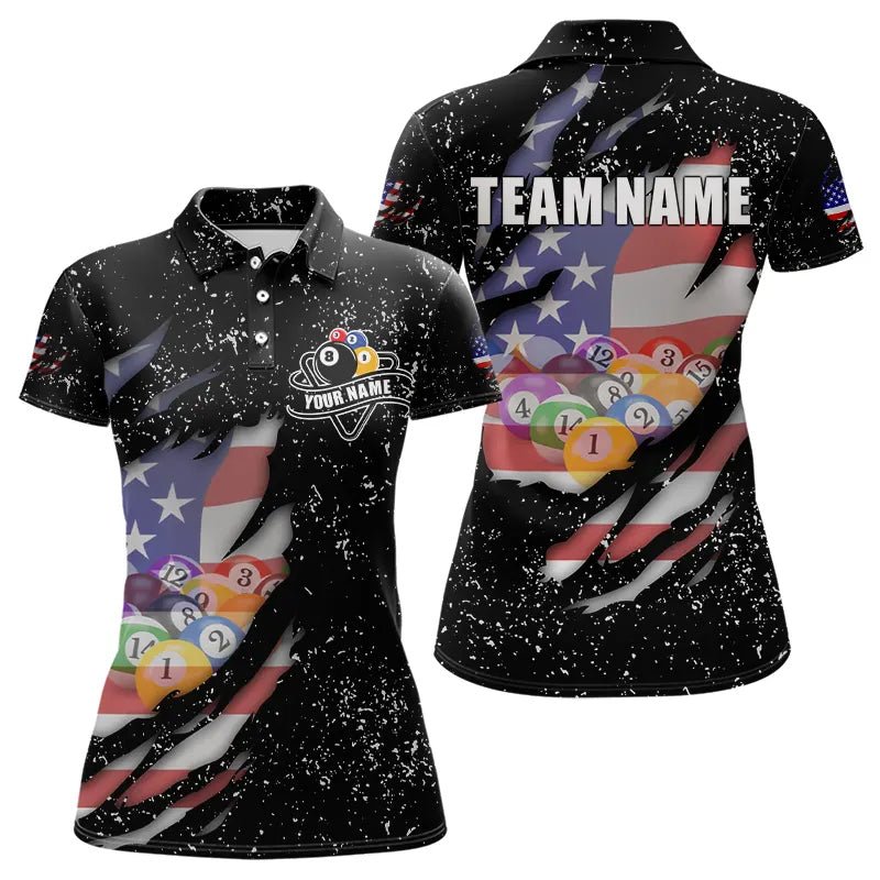 Personalized Grunge Black American Flag Billiard Shirts For Women Custom 8 Ball Pool Billiard Jersey TDM3743