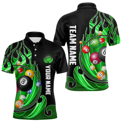 3D Billiard Balls Fire Flame Custom Pool Shirts For Men, Billiard League Team Jerseys | Green TDM3754