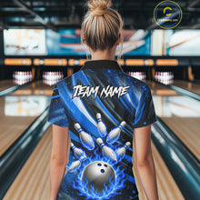 Load image into Gallery viewer, Custom Blue Flaming Silver Bowling Jersey For Women, Bowling League Team Shirts Polo &amp; Quarter Zip TDM6549