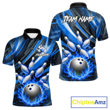 Load image into Gallery viewer, Custom Blue Flaming Silver Bowling Jersey For Men, Bowling League Team Shirts Polo &amp; Quarter Zip TDM6549