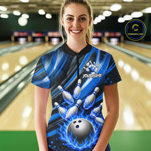Load image into Gallery viewer, Custom Blue Flaming Silver Bowling Jersey For Women, Bowling League Team Shirts Polo &amp; Quarter Zip TDM6549