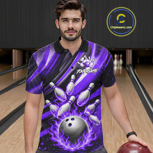 Load image into Gallery viewer, Custom Purple Flaming Silver Bowling Jersey For Men, Bowling League Team Shirts Polo &amp; Quarter Zip TDM6550