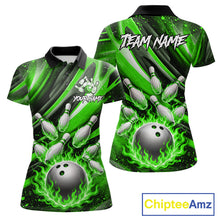 Load image into Gallery viewer, Custom Green Flaming Silver Bowling Jersey For Women, Bowling League Team Shirts Polo &amp; Quarter Zip TDM6551