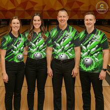 Load image into Gallery viewer, Custom Green Flaming Silver Bowling Jersey For Women, Bowling League Team Shirts Polo &amp; Quarter Zip TDM6551