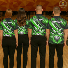 Load image into Gallery viewer, Custom Green Flaming Silver Bowling Jersey For Women, Bowling League Team Shirts Polo &amp; Quarter Zip TDM6551