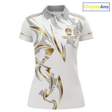 Load image into Gallery viewer, White and gold dartboard crown darts polo shirt for women with custom darts team graphics.