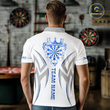Load image into Gallery viewer, Back view of man wearing a white and blue dartboard crown darts shirt.
