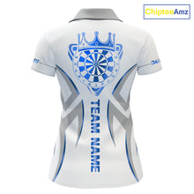Load image into Gallery viewer, White and blue dartboard crown darts polo shirt for women with custom darts team graphics.