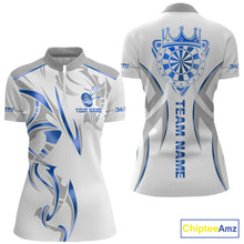 Load image into Gallery viewer, White and blue dartboard crown darts quarter zip shirt for women designed for league tournaments and team events.