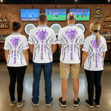 Load image into Gallery viewer, Back view of darts players wearing matching white and purple dartboard crown darts shirts.