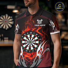 Load image into Gallery viewer, Man wearing a red flaming silver darts jersey front view.
