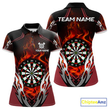 Load image into Gallery viewer, Red flaming silver darts polo shirt for women with custom darts team graphics.