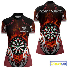 Load image into Gallery viewer, Red flaming silver darts quarter zip shirt for women designed for league tournaments and team events.