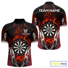 Load image into Gallery viewer, Red flaming silver darts quarter zip shirt for men designed for league tournaments and team events.