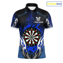 Load image into Gallery viewer, Blue flaming silver darts polo shirt for men with custom darts team graphics.