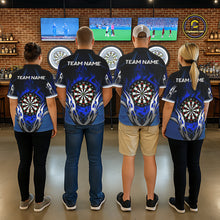 Load image into Gallery viewer, Back view of darts players wearing matching blue flaming silver darts shirts.
