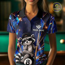 Load image into Gallery viewer, Woman wearing a funny raccoon crystal 8 ball billiard jersey beside a pool table front view.