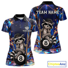 Load image into Gallery viewer, Funny raccoon crystal 8 ball billiard polo shirt for women with custom pool team graphics.