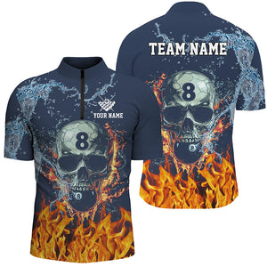 Funny Skull 8 Ball Pool Water Fire Personalized Name Billiard Shirts For Men, Billiard Pool Shirts TDM2291