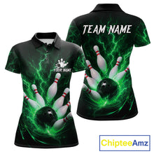 Load image into Gallery viewer, Personalized Green Thunder Lightning Bowling Jersey For Women, Bowling League Shirts Polo &amp; 1/4 Zip TDM6575