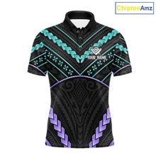 Load image into Gallery viewer, Teal and purple 8 ball tribal billiard polo shirt for men with custom pool team graphics.