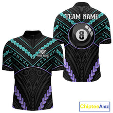 Load image into Gallery viewer, Teal and purple 8 ball tribal billiard quarter zip shirt for men designed for league tournaments and team events.