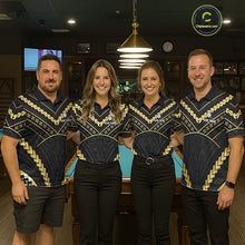 Load image into Gallery viewer, Pool team wearing matching black and gold 9 ball tribal billiard jerseys during tournament competition front view.