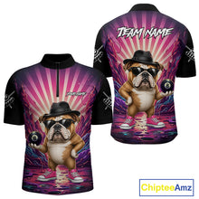 Load image into Gallery viewer, Pink graffiti bulldog 8 ball billiard quarter zip shirt for men designed for league tournaments and team events.